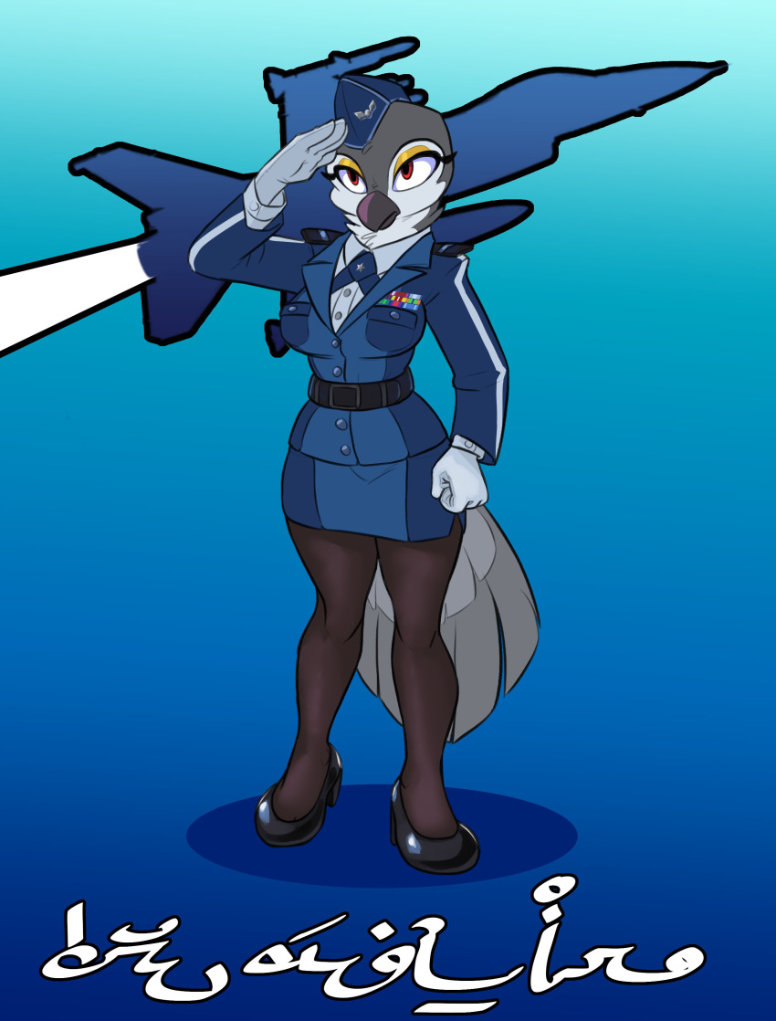 2018 aircraft anthro arabic_text avian beak belt bird blue_background blue_theme breasts clothed clothing eyeshadow feathers female footwear fully_clothed gloves grey_feathers hat hi_res high_heels leggings legwear makeup military red_eyes salute shoes simple_background siroc solo text uniform