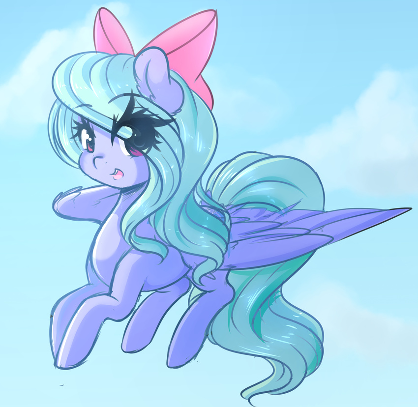 2017 absurd_res equine feathered_wings feathers female feral flitter_(mlp) fluffymaiden flying friendship_is_magic hair hair_bow hair_ribbon hi_res long_hair mammal my_little_pony open_mouth pegasus ribbons solo wings