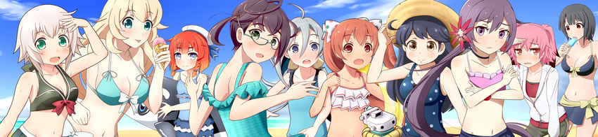 :d :p absurdres adapted_costume ahoge akebono_(kantai_collection) alternate_costume atago_(kantai_collection) beach bell beret bikini black_hair blonde_hair blue_sky blush bow breasts brown_hair choker cleavage cloud cloudy_sky commentary_request dark_skin day etorofu_(kantai_collection) flat_chest flower food frilled_bikini frills glasses gradient_hair green_eyes gudon_(iukhzl) hair_bow hair_flower hair_ornament hair_ribbon hat highres holding horizon jingle_bell kantai_collection kiyoshimo_(kantai_collection) kunashiri_(kantai_collection) large_breasts libeccio_(kantai_collection) licking long_hair long_image looking_at_viewer medium_breasts multicolored_hair multiple_girls navel ocean okinami_(kantai_collection) open_mouth pink_hair popsicle purple_eyes purple_hair red_eyes red_hair ribbon shimushu_(kantai_collection) short_hair side_ponytail silver_eyes silver_hair sky smile straw_hat sun_hat swimsuit takao_(kantai_collection) tongue tongue_out twintails ushio_(kantai_collection) wide_image