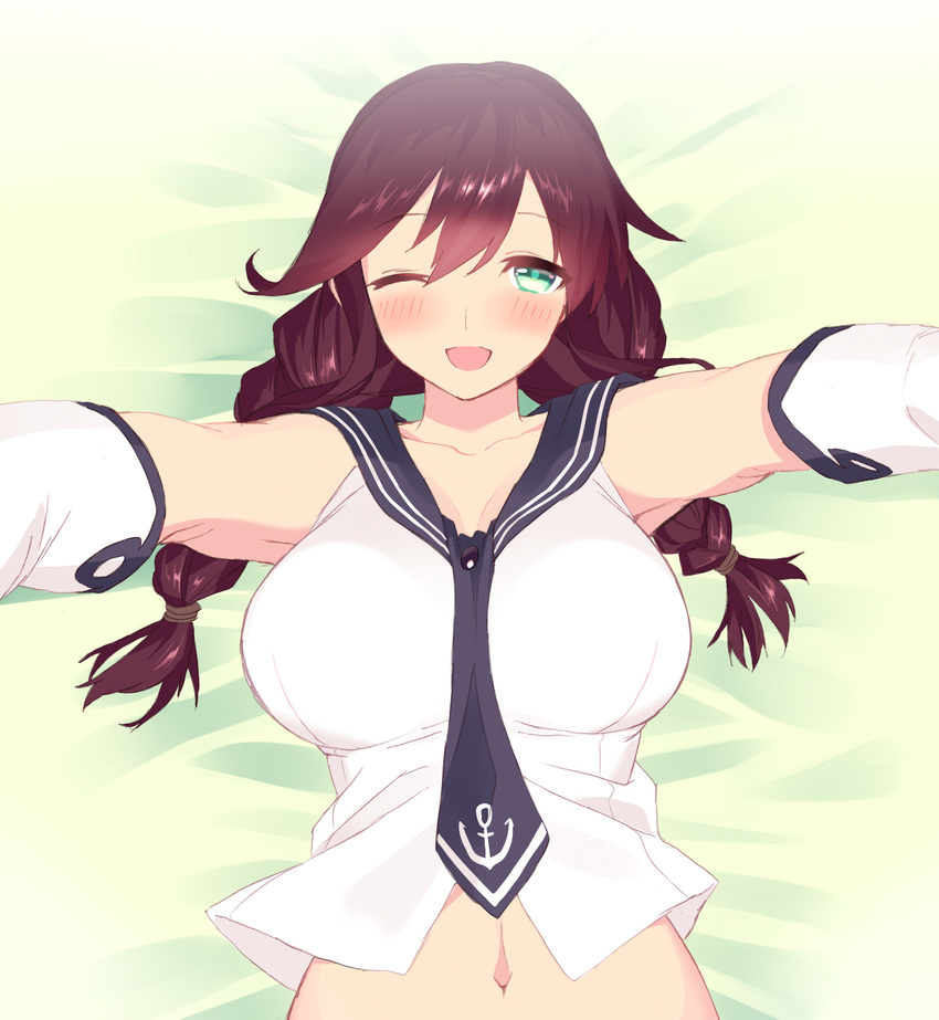 ;d armpit_peek bare_shoulders blew_andwhite blush breasts bright_pupils brown_hair cleavage commentary_request crop_top gloves green_eyes half-closed_eye highres kantai_collection large_breasts long_hair low_twintails lying midriff navel noshiro_(kantai_collection) on_back one_eye_closed open_mouth outstretched_arms reaching_out sailor_collar sailor_shirt shirt sleeveless sleeveless_shirt smile solo twintails white_gloves