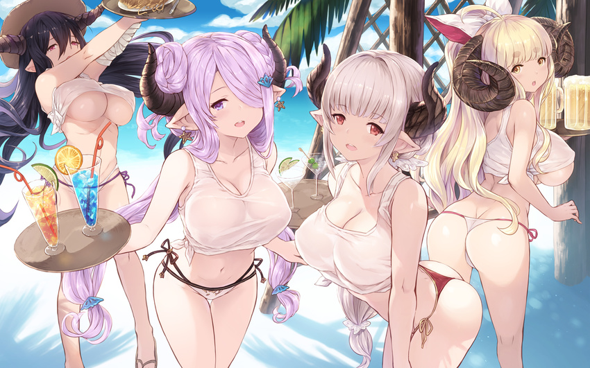 alicia_(granblue_fantasy) anila_(granblue_fantasy) ass cait cleavage danua erect_nipples granblue_fantasy horns narumeia_(granblue_fantasy) no_bra pointy_ears shirt_lift swimsuits thong underboob wallpaper