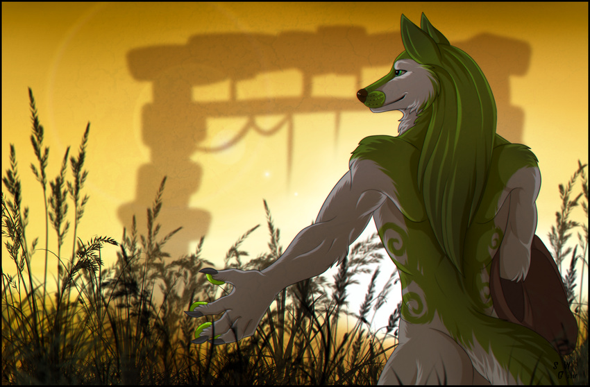 anthro canine field gates hair mammal silvergrin sunset were werewolf wolf