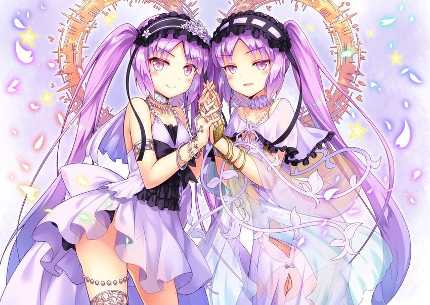 bangle blush bracelet capelet dress euryale fate/hollow_ataraxia fate_(series) hairband highres jewelry kasaran lolita_hairband long_hair multiple_girls open_mouth purple_eyes purple_hair siblings sisters smile stheno twins twintails very_long_hair white_dress