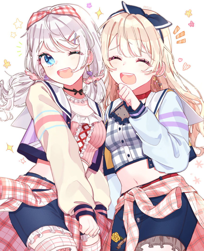 2girls ;d ^_^ alternate_hairstyle artist_name bang_dream! bangs belt black_choker blonde_hair blue_eyes center_frills choker clenched_hand closed_eyes clothes_around_waist earrings eyes_closed flower hair_ornament hair_ribbon hair_scrunchie hairpin heart heart_earrings highres jewelry long_hair long_sleeves midriff multiple_girls navel notice_lines one_eye_closed open_mouth patzzi pink_scrunchie pink_shirt plaid plaid_shirt polka_dot polka_dot_scrunchie red_choker ribbon rose sailor_collar scrunchie shirasagi_chisato shirt shirt_around_waist short_shorts shorts smile sparkle star thigh_strap twintails wakamiya_eve white_hair x_hair_ornament yellow_flower yellow_rose