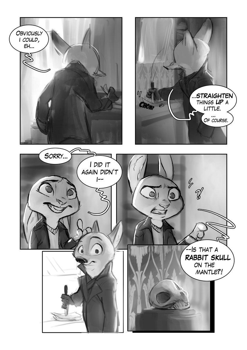 2017 anthro buckteeth canine clothed clothing comic crossover dialogue dipstick_ears disney duo english_text female fox greyscale judy_hopps lagomorph male mammal monochrome monoflax nick_wilde rabbit scarf sherlock_(series) teeth text trenchcoat zootopia