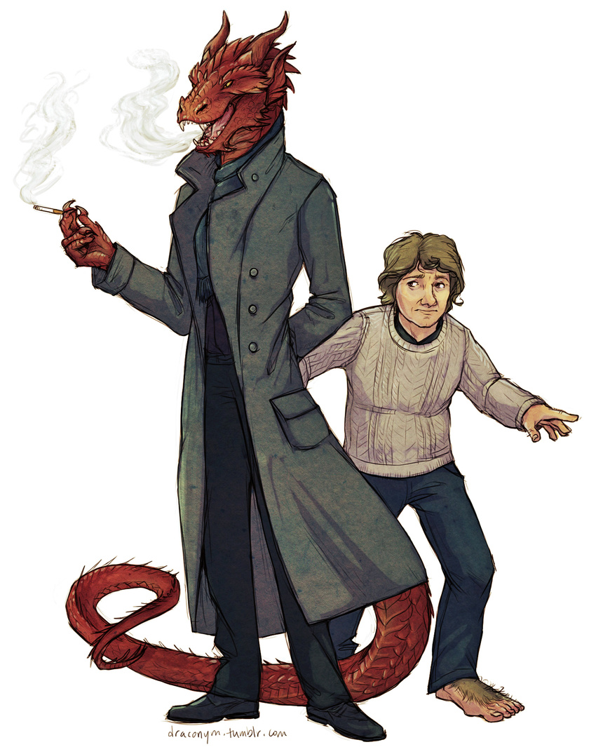 2014 5_fingers anthro barefoot bilbo_baggins brown_hair cigarette claws clothed clothing coat draconym dragon duo fire footwear fully_clothed hair hat hi_res hobbit horn j._r._r._tolkien johnbo_watson male open_mouth pants paws scalie scarf shoes simple_background smaug smauglock_holmes smoke smoking sweater the_hobbit toes tumblr white_background