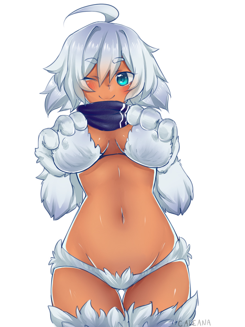 ;) ahoge aqua_eyes artist_name bikini blush breast_hold breasts breasts_apart caleana covered_nipples cowboy_shot dark_skin eyebrows eyebrows_visible_through_hair fur groin highres large_breasts looking_at_viewer monster_girl monster_girl_encyclopedia navel one_eye_closed paws scarf short_hair signature smile solo swimsuit thigh_gap white_fur white_hair yeti_(monster_girl_encyclopedia)