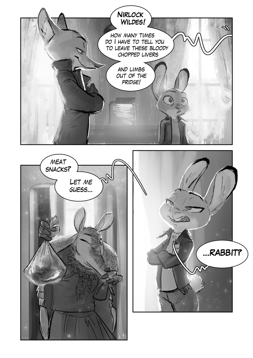 2017 anthro armadillo buckteeth canine clothed clothing comic crossover dialogue dipstick_ears disney duo english_text female fox greyscale judy_hopps lagomorph male mammal monochrome monoflax nick_wilde rabbit sherlock_(series) teeth text trenchcoat zootopia