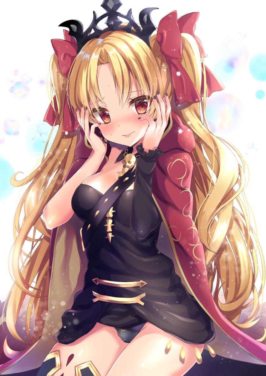 1girl asymmetrical_legwear asymmetrical_sleeves bangs blonde_hair blush bow breasts cape commentary_request cowboy_shot detached_collar diadem earrings embarrassed ereshkigal_(fate/grand_order) eyebrows_visible_through_hair fate/grand_order fate_(series) gold_trim hair_bow hair_ribbon hands_on_own_cheeks hands_on_own_face highres honoka_chiffon hood hood_down hooded_cape jewelry leotard_under_clothes lips long_hair looking_at_viewer medium_breasts nail_polish parted_bangs red_bow red_cape red_eyes ribbon simple_background single_sleeve single_thighhigh skull_necklace solo spine thighhighs twintails two_side_up very_long_hair wavy_hair white_background