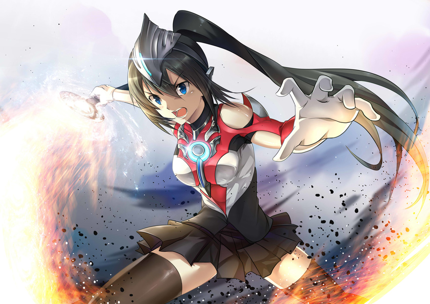 absurdres bangs bare_shoulders black_hair black_hairband black_legwear black_skirt blue_eyes breasts commentary eyebrows_visible_through_hair fighting_stance fire flaming_sword floating_hair genderswap genderswap_(mtf) glint gloves hair_between_eyes hairband headgear highres holding holding_sword holding_weapon humanization legs_apart long_hair looking_at_viewer medium_breasts open_mouth orbcalibur outstretched_arm pale_skin pleated_skirt ponytail pyrokinesis serious skirt solo standing sword taro_(ultrataro) thighhighs ultra_series ultraman_orb ultraman_orb_(series) weapon white_gloves zettai_ryouiki