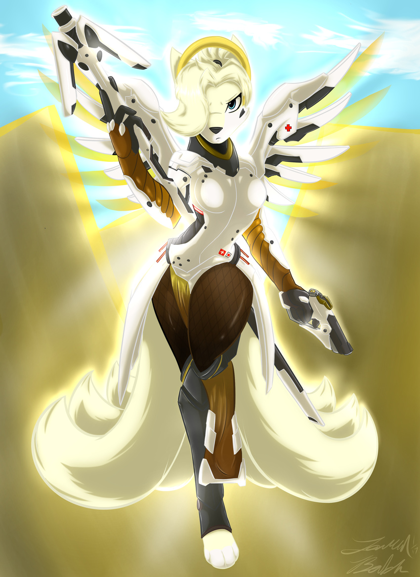 2017 3_fingers absurd_res anthro armor aura biped blizzard_entertainment blue_eyes caduceus_staff canine clothed clothing day detailed_background female flying fox front_view frown full-length_portrait fur gun hair halo handgun hi_res holding_object holding_weapon infinitedge2u looking_at_viewer mammal mercy_(overwatch) multi_tail outside overwatch portrait ranged_weapon signature sky snout solo video_games weapon white_fur white_hair white_wings wings