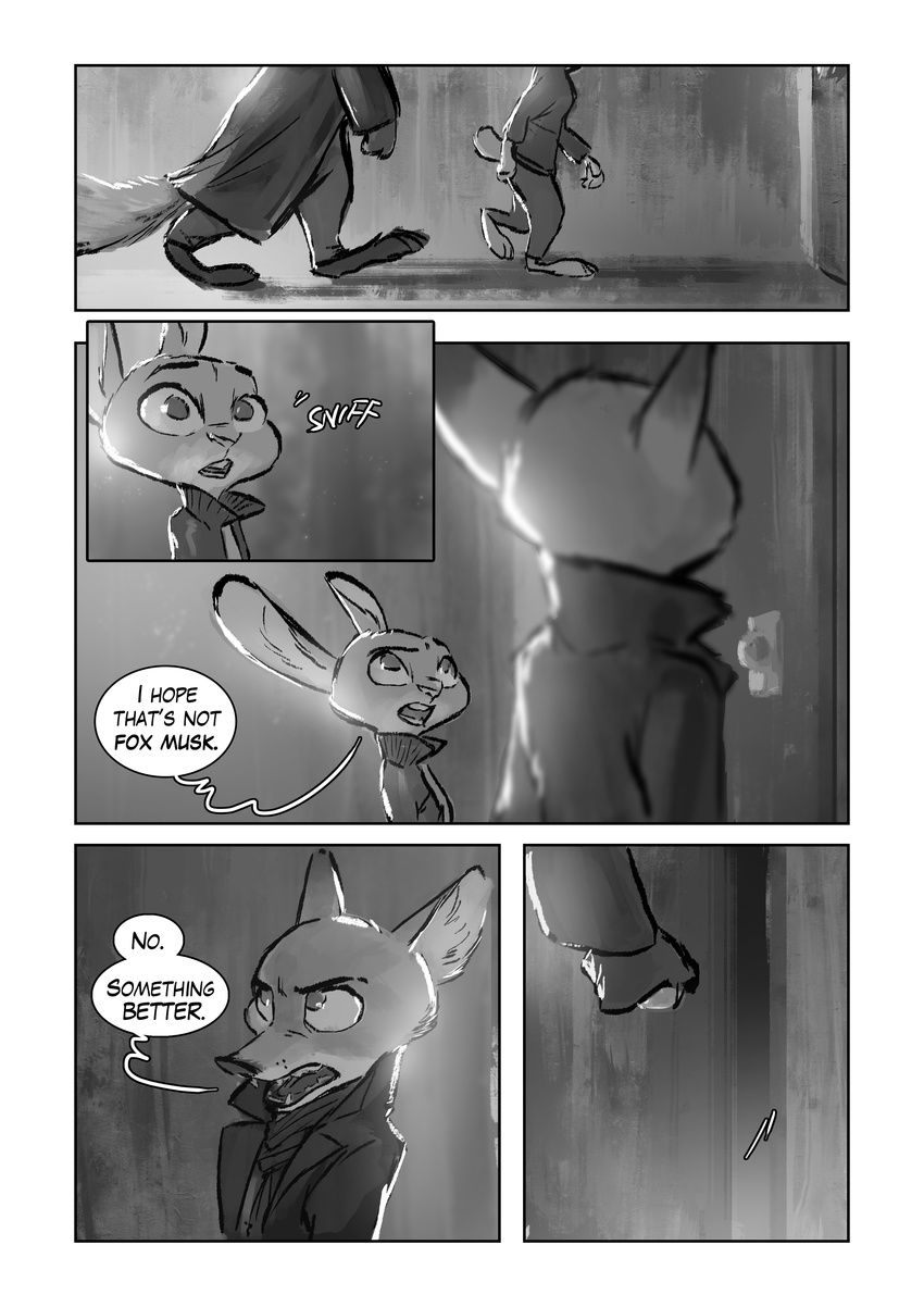 2017 anthro buckteeth canine clothed clothing comic crossover dialogue dipstick_ears disney duo english_text female fox greyscale judy_hopps lagomorph male mammal monochrome monoflax nick_wilde rabbit scarf sherlock_(series) teeth text trenchcoat zootopia