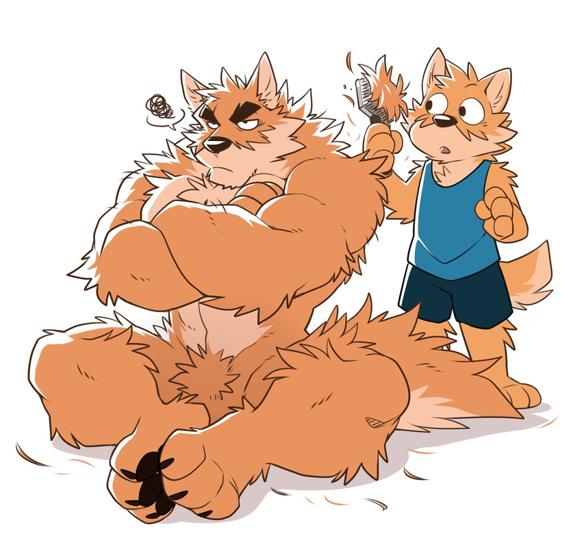 2017 3_toes 4_fingers annoyed anthro barefoot black_claws blue_clothing canine claws clothed clothing crossed_arms digital_media_(artwork) duo feet_together fur fur_tuft hairbrush male mammal nude otake pawpads paws pubes shirt shocked shorts simple_background sitting takemoto takemoto_arashi tank_top toe_claws toes tuft