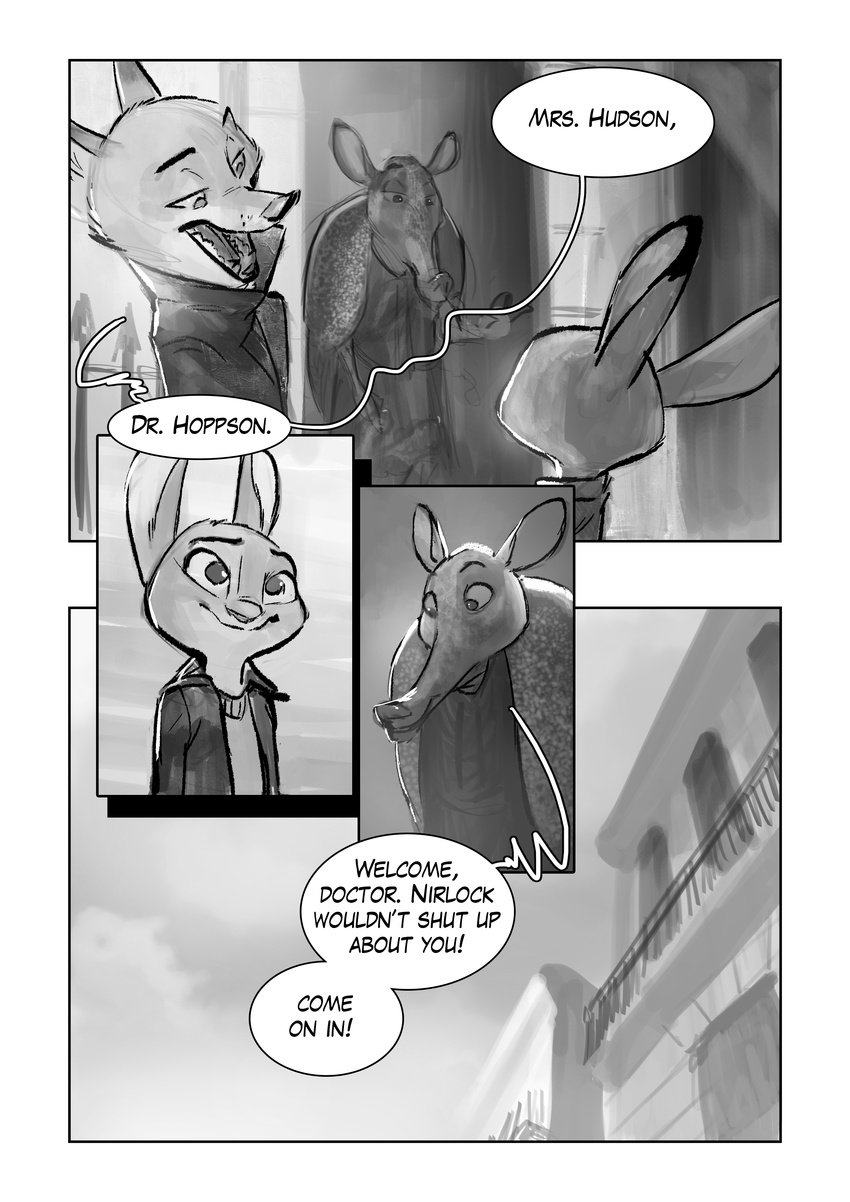 2017 anthro armadillo canine clothed clothing comic crossover dialogue dipstick_ears disney english_text female fox greyscale group judy_hopps lagomorph male mammal monochrome monoflax nick_wilde rabbit scarf sherlock_(series) text trenchcoat zootopia