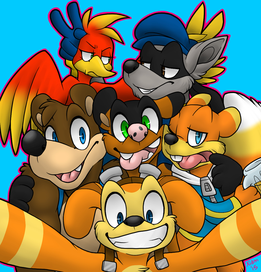 2015 anthro avian banjo-kazooie banjo_(banjo-kazooie) beak bear bird breegull brown_fur canine clothed clothing conker conker's_bad_fur_day daxter digital_media_(artwork) eyewear feathered_wings feathers female fur goggles hi_res jak_and_daxter kazooie looking_at_viewer male mammal mustelid ottsel rodent simple_background sly_cooper sly_cooper_(series) smile squirrel teeth video_games wings xiamtheferret