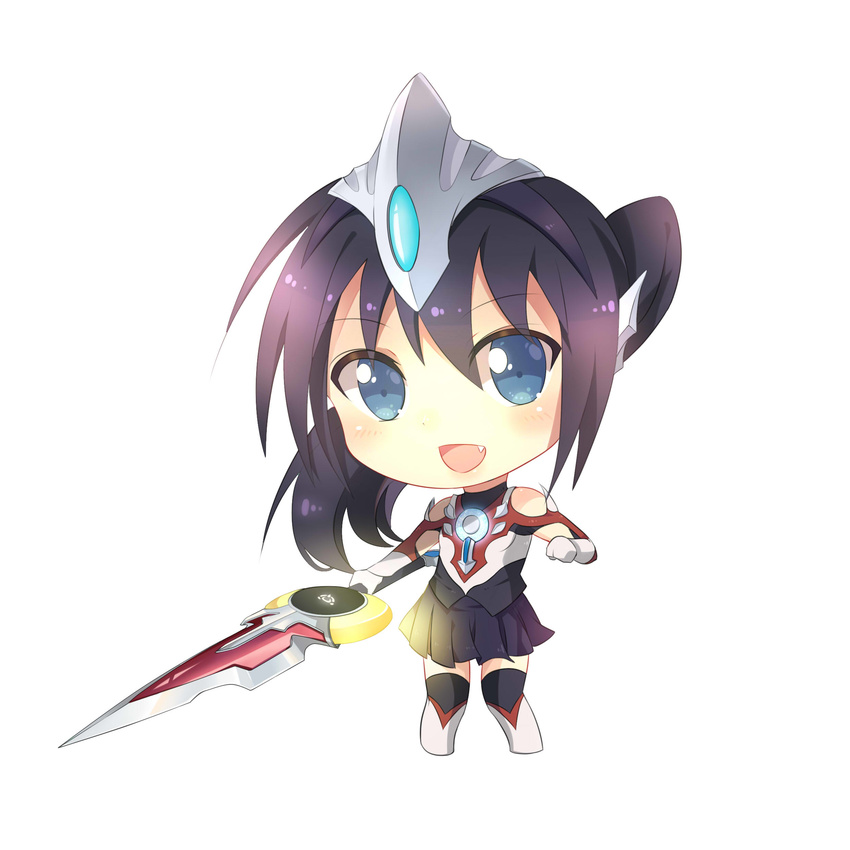 :d absurdres bangs bare_shoulders black_hair black_hairband black_legwear black_skirt blue_eyes boots chibi clenched_hand commentary eyebrows_visible_through_hair fang full_body genderswap genderswap_(mtf) gloves glowing glowing_sword glowing_weapon grey_footwear hair_between_eyes hairband hand_up headgear highres holding holding_sword holding_weapon humanization knee_boots long_hair looking_at_viewer open_mouth orbcalibur pleated_skirt ponytail shiny shiny_hair simple_background skirt smile solo standing sword taro_(ultrataro) thighhighs ultra_series ultraman_orb ultraman_orb_(series) weapon white_background white_gloves zettai_ryouiki