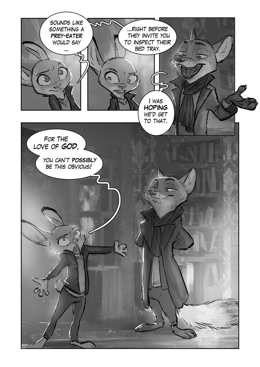 2017 anthro buckteeth canine clothed clothing comic crossover dialogue dipstick_ears disney duo english_text female fox greyscale judy_hopps lagomorph male mammal monochrome monoflax nick_wilde rabbit scarf sherlock_(series) teeth text trenchcoat zootopia