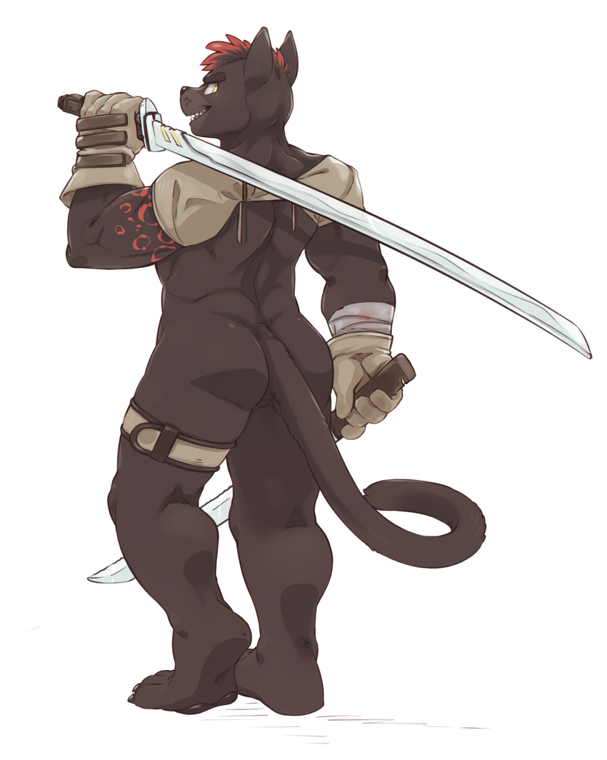 armor belt black_fur butt cat clothing feline fur gazpacho_(artist) gloves hair makopan_(character) mammal melee_weapon red_hair red_spots shoulder_pads spots sword unconvincing_armor weapon yellow_eyes