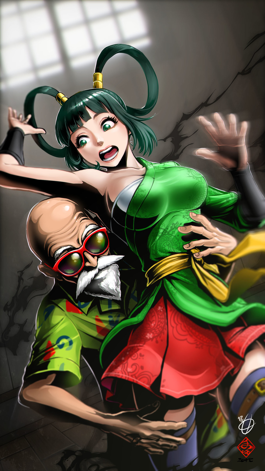 1girl absurdres bald beard black_legwear breasts cleavage dragon_ball dragon_ball_super facial_hair green_eyes green_hair highres large_breasts looking_at_another mustache muten_roushi old_man open_mouth short_hair signature sunglasses tete_(amakuchichiyoko) thighhighs yurin_(dragon_ball)