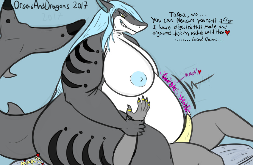 ambiguous_species anna_(orcasanddragons) belly big_belly big_breasts breasts digestion erection facesitting female fish male male/female marine nipples obese orcasanddragons overweight precum shark stomach_noises thick_thighs topaz_(orcasanddragons) vore