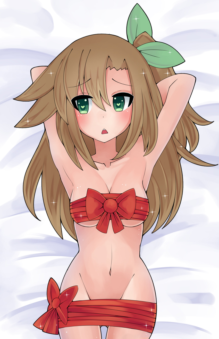 arms_up asymmetrical_hair bed breast_press breasts brown_hair collarbone cowboy_shot green_eyes groin hair_ornament hair_ribbon heart heart-shaped_pupils highres if_(choujigen_game_neptune) looking_to_the_side lying mahruru medium_breasts midriff naked_ribbon navel neptune_(series) on_back on_bed one_side_up ribbon shin_jigen_game_neptune_vii shiny shiny_hair shiny_skin stomach symbol-shaped_pupils tied_hair