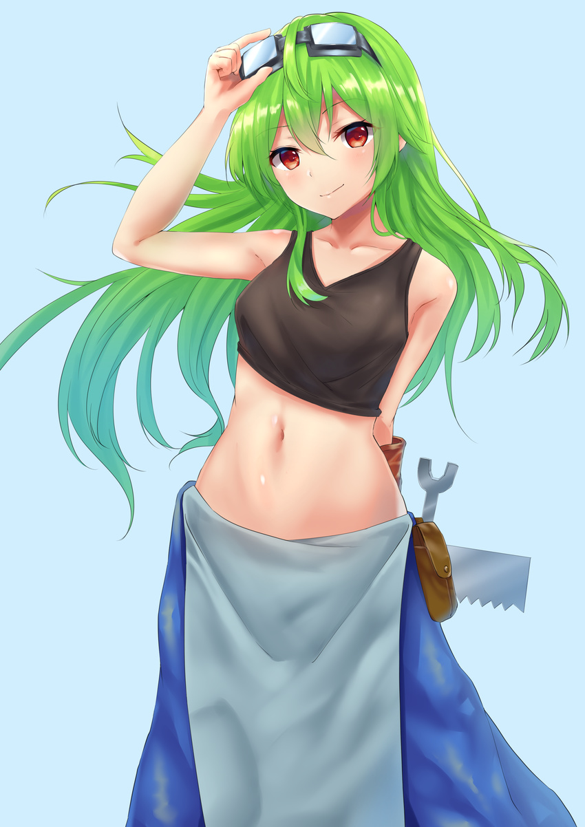 absurdres arm_up blush breasts brown_eyes brown_gloves closed_mouth collarbone crop_top eyebrows_visible_through_hair gloves goggles goggles_on_head green_hair highres long_hair looking_at_viewer medium_breasts navel original phano_(125042) smile solo wrench