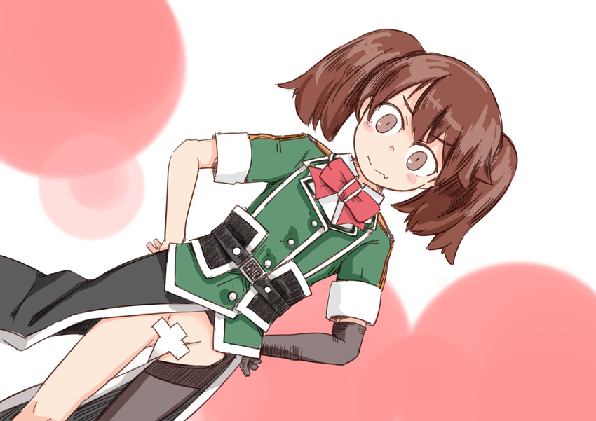 asymmetrical_legwear black_gloves brown_eyes brown_hair cosplay dutch_angle elbow_gloves enjaku_izuku fang gloves groin hands_on_hips highres kantai_collection no_panties pelvic_curtain ryuujou_(kantai_collection) shikigami single_elbow_glove single_glove single_thighhigh smile solo thighhighs tone_(kantai_collection) tone_(kantai_collection)_(cosplay) twintails wardrobe_error