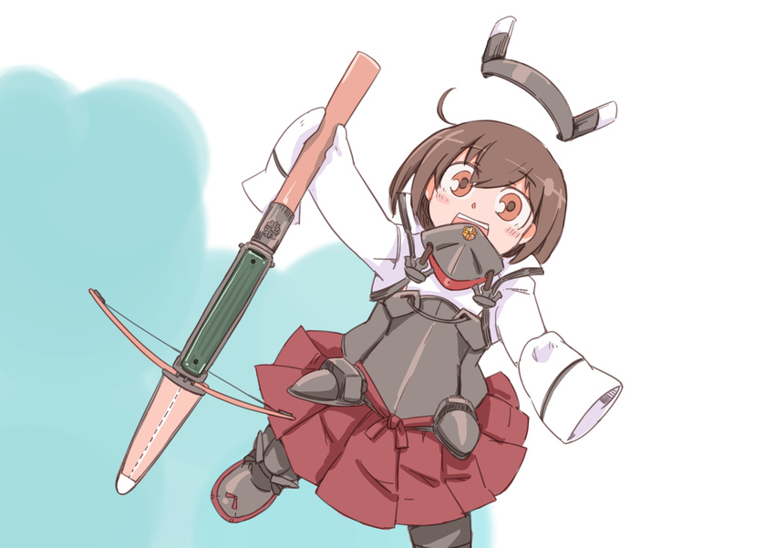 age_regression bow_(weapon) brown_eyes brown_hair child crossbow enjaku_izuku headgear_removed highres holding holding_weapon kantai_collection oversized_clothes pleated_skirt skirt sleeves_past_wrists solo taihou_(kantai_collection) weapon younger