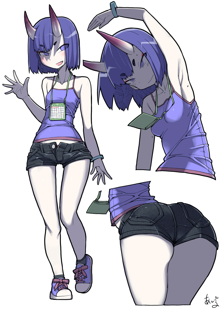 absurdres arched_back arm_up armpits ass bare_shoulders bent_over bob_cut bracelet breasts commentary_request contemporary denim denim_shorts eyebrows_visible_through_hair fate/grand_order fate_(series) highres horns jewelry lanyard legs multiple_views necklace oni pale_skin pantylines purple_eyes purple_hair shoes short_hair shorts shuten_douji_(fate/grand_order) simple_background small_breasts smile sneakers stretch sweat tanaka_ahiru thick_eyebrows thighs white_background
