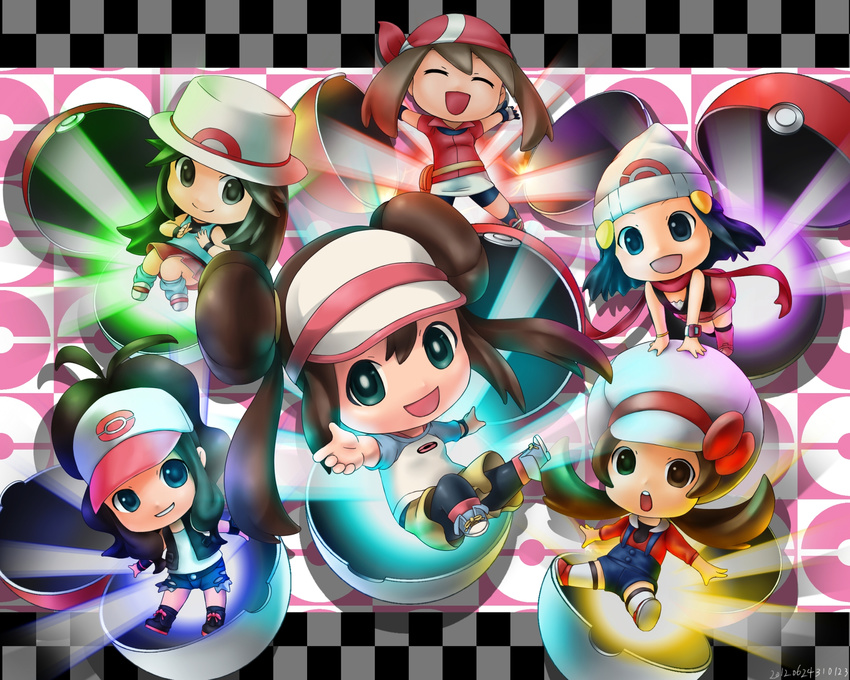 6+girls :d bandana blue_(pokemon) chibi full_body haruka_(pokemon) hat highres hikari_(pokemon) kotone_(pokemon) light long_hair looking_at_viewer mei_(pokemon) multiple_girls open_mouth open_poke_ball poke_ball pokemon pokemon_(game) pokemon_bw pokemon_bw2 pokemon_dppt pokemon_hgss smile smiley_face touko_(pokemon)