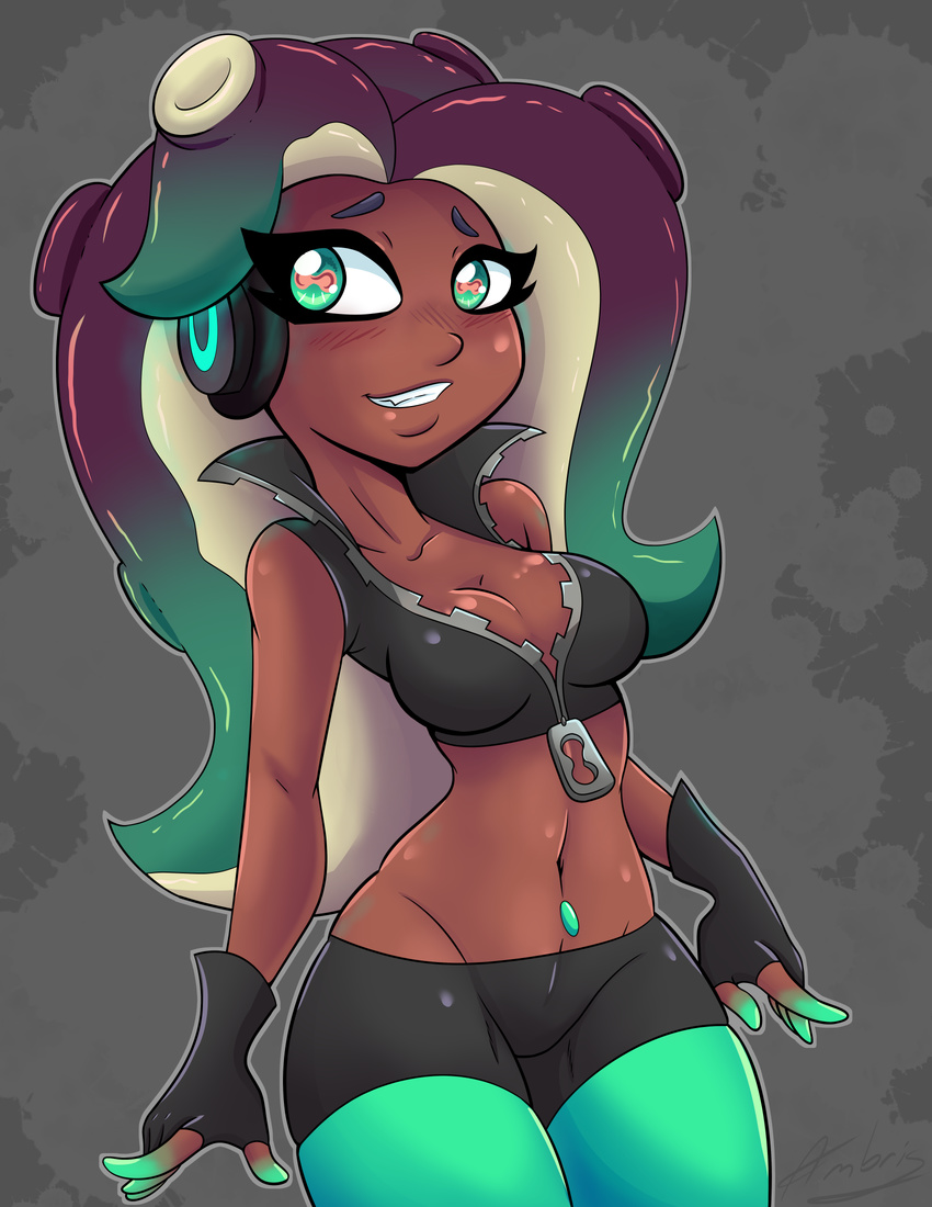 2017 ambris breasts cephalopod cleavage clothed clothing female fingerless_gloves gloves headphones hi_res humanoid looking_at_viewer marina_(splatoon) marine midriff navel nintendo not_furry octoling solo splatoon tentacle_hair tentacles video_games