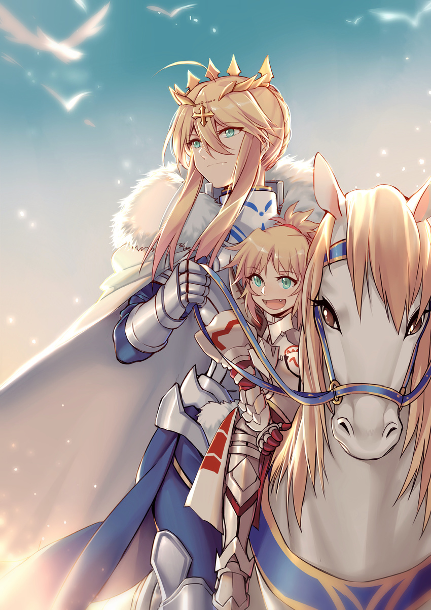 absurdres ahoge armor artoria_pendragon_(all) artoria_pendragon_(lancer) bangs blonde_hair breastplate cape crown dun_stallion eyebrows_visible_through_hair fang fate/apocrypha fate/grand_order fate_(series) fur_collar fur_trim gauntlets greaves green_eyes hair_between_eyes hair_bun highres holding_reins horse horseback_riding mordred_(fate) mordred_(fate)_(all) mother_and_daughter multiple_girls open_mouth outdoors pauldrons reins riding sidelocks sky white_cape yorukun younger