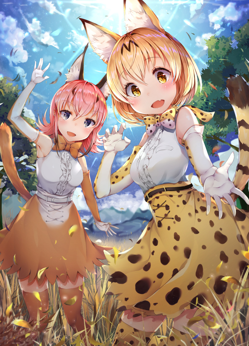 2girls :d absurdres airmisuzu animal_ear_fluff animal_ears arm_up armpits bare_shoulders belt blonde_hair blue_eyes blue_sky blush bow bowtie breasts brown_hair brown_legwear brown_skirt caracal_(kemono_friends) caracal_ears caracal_tail cloud cloudy_sky commentary_request day elbow_gloves fang frilled_shirt frills gloves grass hand_up head_tilt high-waist_skirt highres kemono_friends leaf looking_at_viewer medium_breasts multicolored_hair multiple_girls nature open_mouth orange_neckwear outdoors pink_hair serval_(kemono_friends) serval_ears serval_print serval_tail shirt shirt_tucked_in short_hair skirt sky sleeveless sleeveless_shirt smile standing sunlight tail thighhighs tree two-tone_hair white_gloves white_shirt yellow_eyes zettai_ryouiki