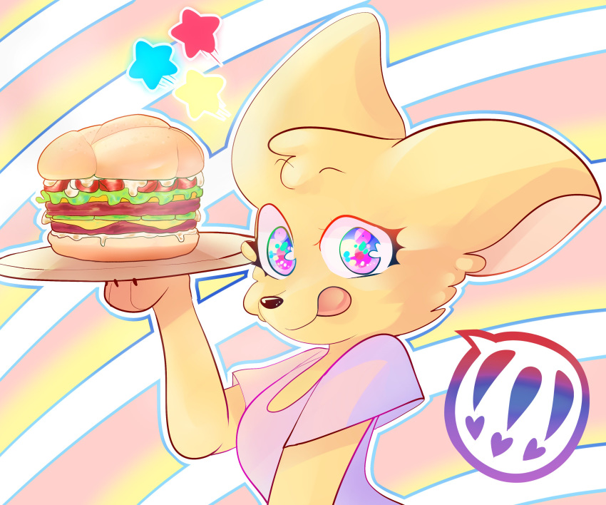 anthro big_ears black_nose blue_eyes breasts burger bust_portrait canid canine cheek_tuft clothed clothing female food fox fur handpaw head_tuft holding_object light_fur mammal multicolored_eyes orange_tongue paws pink_clothing pink_eyes portrait shirt smile solo speech_bubble squizxy t-shirt tongue tongue_out tuft yellow_fur