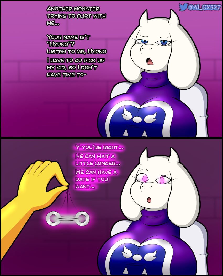 absurd_res al_gx anthro big_breasts boss_monster bovid breasts caprine clothed clothing dialogue duo faceless_character faceless_male female fur goat hi_res hypno_(pok&eacute;mon) hypnosis male male/female mammal mature_female mind_control nintendo pendulum pok&eacute;mon pok&eacute;mon_(species) toriel trance undertale undertale_(series) video_games white_body white_fur yellow_body