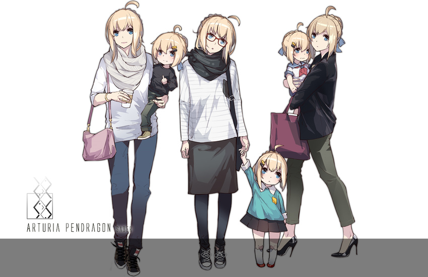 :t ahoge artoria_pendragon_(all) bag bangs black_footwear black_legwear black_scarf black_shirt black_skirt blonde_hair blue_eyes blush braid carrying casual character_name closed_mouth coffee_cup cup disposable_cup fate/stay_night fate_(series) french_braid grey_scarf hair_ornament hairclip handbag high_heels holding holding_cup holding_hand kneehighs long_sleeves looking_at_viewer middle_finger mother_and_daughter multiple_persona openvl pants parted_lips pleated_skirt red_footwear saber scarf school_uniform serafuku shirt shoes short_sleeves sidelocks skirt smile sneakers white_legwear younger