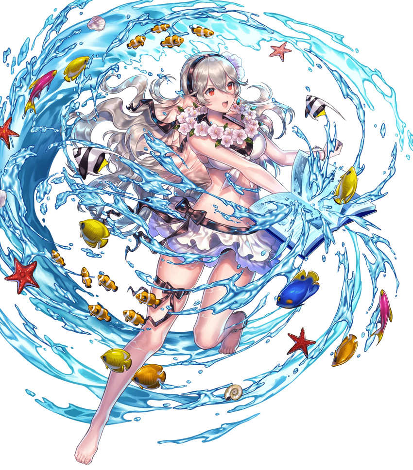 angelfish bangs bare_shoulders barefoot bikini_skirt book breasts butterflyfish cleavage clownfish female_my_unit_(fire_emblem_if) fire_emblem fire_emblem_heroes fire_emblem_if fish flower full_body hair_flower hair_ornament hairband highres holding holding_book lei long_hair medium_breasts midriff my_unit_(fire_emblem_if) navel official_art open_mouth pointy_ears red_eyes seashell senchat shell silver_hair smile solo starfish swimsuit thigh_strap transparent_background water