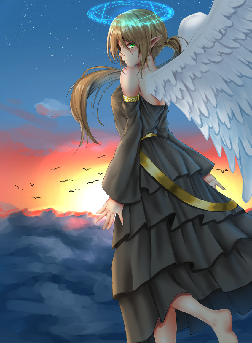 absurdres angel_wings bare_shoulders barefoot blush brown_hair from_behind green_eyes highres long_hair looking_at_viewer original parted_lips phano_(125042) ponytail solo sunset wings