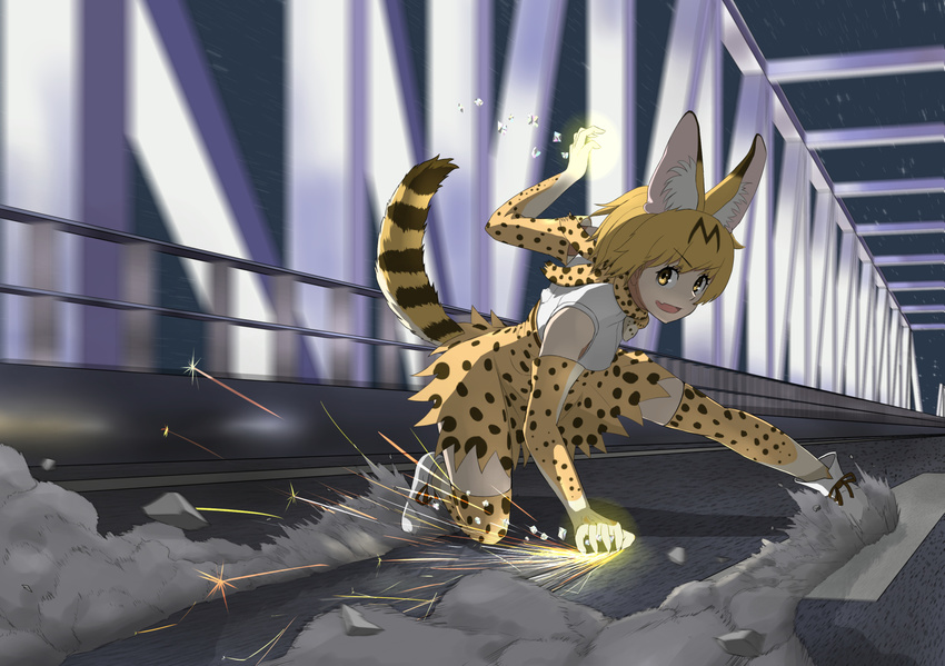 :d animal_ears blonde_hair bridge commentary dust_cloud elbow_gloves eyebrows_visible_through_hair fang gloves glowing glowing_hand highres ichinose_rokujou kemono_friends motion_blur night one_knee open_mouth road rubble sandstar serval_(kemono_friends) serval_ears serval_print serval_tail short_hair smile solo sparks tail thighhighs v-shaped_eyebrows yellow_eyes zettai_ryouiki