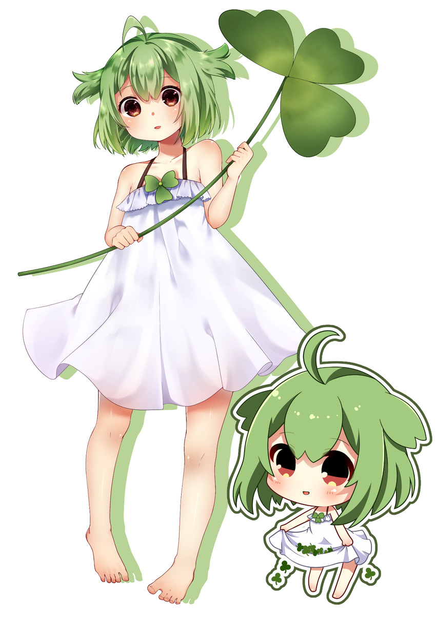 ahoge bare_arms bare_shoulders barefoot blush brown_eyes chibi clover collarbone commentary_request dress eyebrows_visible_through_hair full_body green_hair hair_between_eyes hair_flaps highres nekonomimi original oversized_object parted_lips shadow short_hair skirt_basket smile sundress white_background white_dress