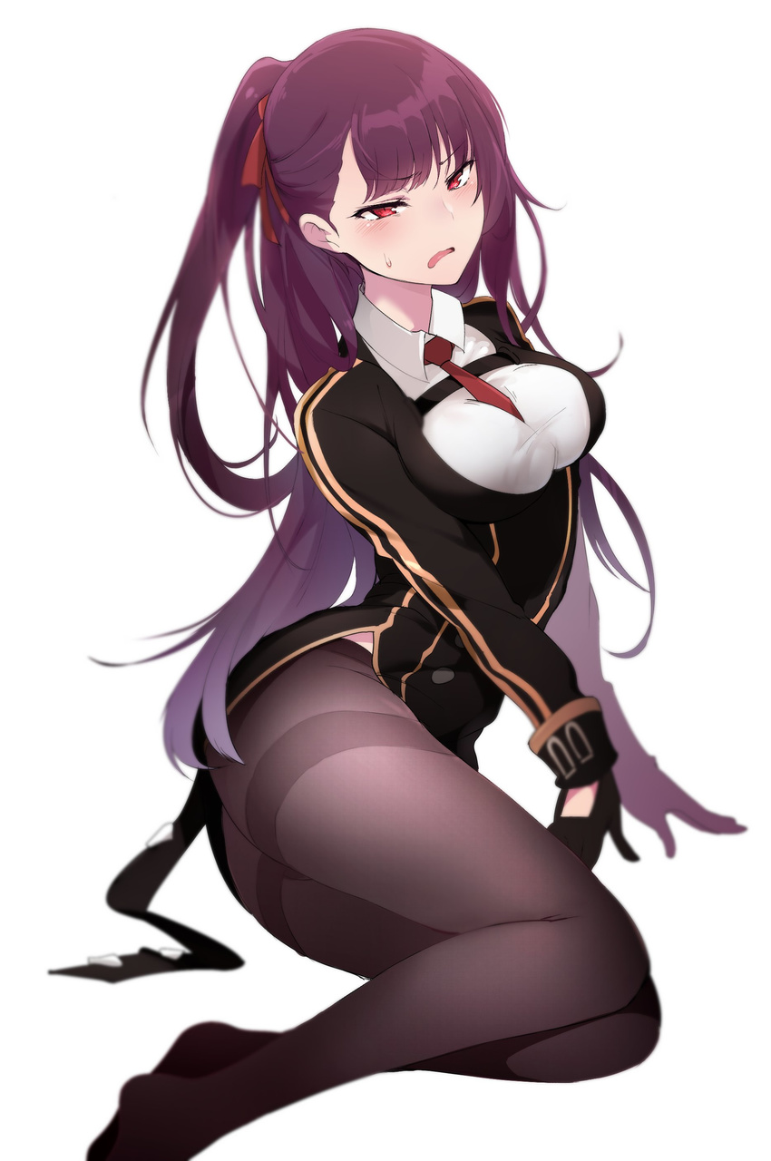 absurdres arched_back asymmetrical_bangs bangs between_breasts black_gloves blush breasts commentary_request eyebrows_visible_through_hair full_body girls_frontline gloves hair_ribbon highres large_breasts long_hair long_sleeves medium_breasts necktie necktie_between_breasts no_shoes one_side_up open_mouth pantyhose pocari_sweat_(artist) purple_hair red_eyes red_neckwear red_ribbon ribbon simple_background sitting solo sweat sweatdrop swept_bangs thighband_pantyhose thighs tsurime wa2000_(girls_frontline) white_background yokozuwari