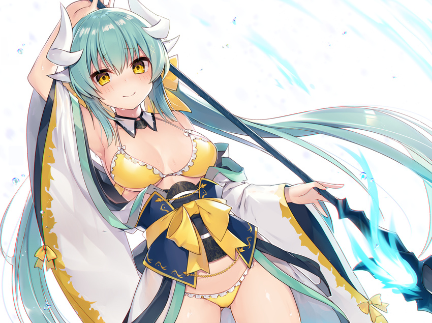 aqua_hair arm_up armpits ass_visible_through_thighs bikini blush breasts closed_mouth cowboy_shot detached_collar eyebrows_visible_through_hair fate/grand_order fate_(series) frill_trim horns kiyohime_(fate/grand_order) kiyohime_(swimsuit_lancer)_(fate) long_hair medium_breasts muryotaro obi open_clothes polearm sash simple_background smile solo sweat swimsuit twintails very_long_hair weapon white_background wide_sleeves yellow_bikini yellow_eyes