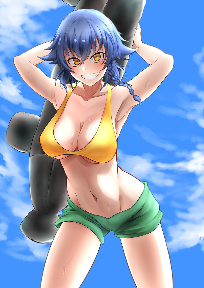 absurdres armpits bikini bikini_shorts black_hair blush breasts cloud day girls_und_panzer gobi_(sobmobink) green_bikini green_bikini_bottom groin highres large_breasts mismatched_bikini navel pepperoni_(girls_und_panzer) shorts sky smile solo sweat swimsuit yellow_bikini yellow_eyes