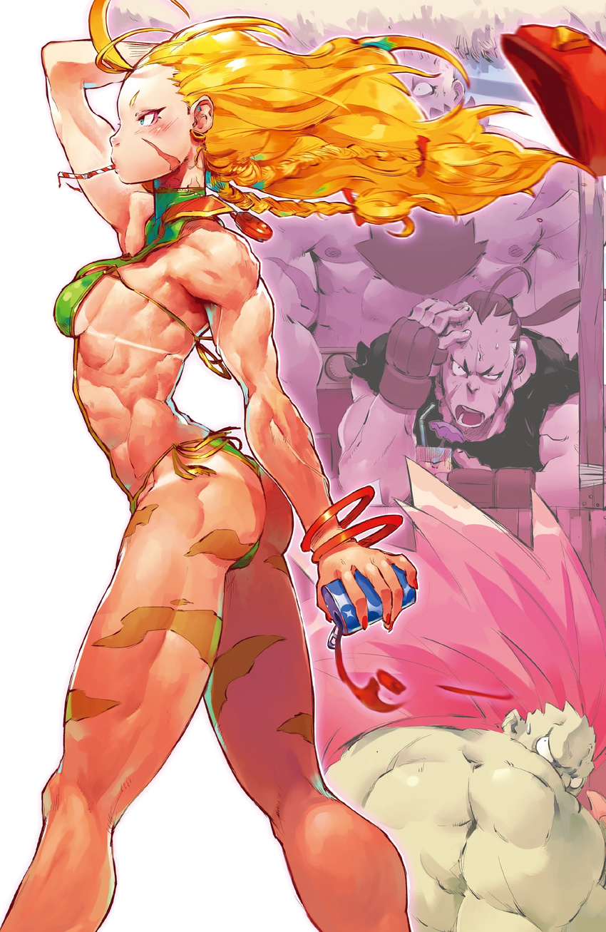 andrea_cofrancesco bikini blanka braid cammy_white camouflage hair_down hibiki_dan muscle muscular_female scar sideboob street_fighter surprised swimsuit walking zangief