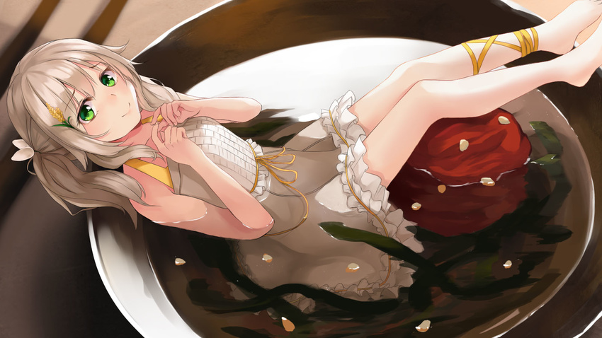 :&gt; ankle_strap baimi_(dong-jin_rice-hime) bangs bare_arms bare_shoulders barefoot blurry bowl chopsticks closed_mouth collarbone depth_of_field dong-jin_rice-hime dress eyebrows_visible_through_hair fingernails fingers_together food frilled_dress frills from_above fruit grass_hair_ornament green_eyes hair_ornament hands_up highres in_bowl in_container in_food ina_(inadiary) long_hair looking_at_viewer minigirl nori_(seaweed) partially_submerged seed short_dress sidelocks silver_hair sitting sleeveless sleeveless_dress smile solo soup suiji twintails umeboshi white_dress
