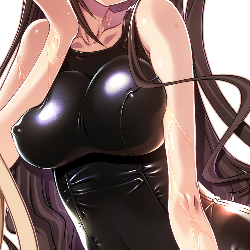 breasts brown_hair collarbone highres idolmaster idolmaster_cinderella_girls large_breasts long_hair lotion one-piece_swimsuit sakuya_tsuitachi school_swimsuit shimamura_uzuki shiny_swimsuit solo swimsuit