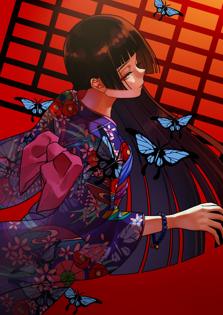 black_hair black_kimono bug butterfly enma_ai from_behind highres insect japanese_clothes jigoku_shoujo kimono long_hair looking_back red_eyes solo teiuyou
