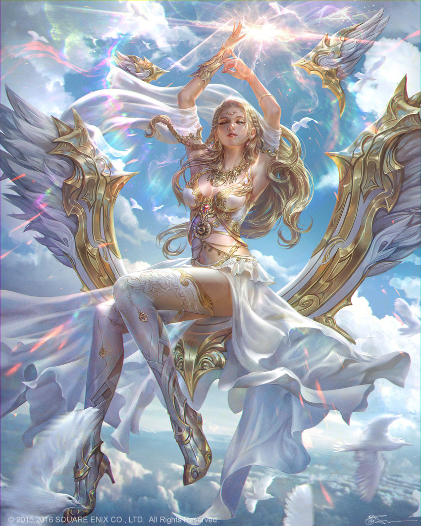 amulet armband bangs bird blonde_hair blue_eyes boots braid breasts cleavage cloud copyright_name dated day diadem dove earrings fingernails floating flying gem high_heels highres jeremy_chong jewelry levitation long_hair magic medium_breasts mobius_final_fantasy necklace outdoors outstretched_hand parted_lips ring signature sitting sky solo thigh_boots thighhighs very_long_hair