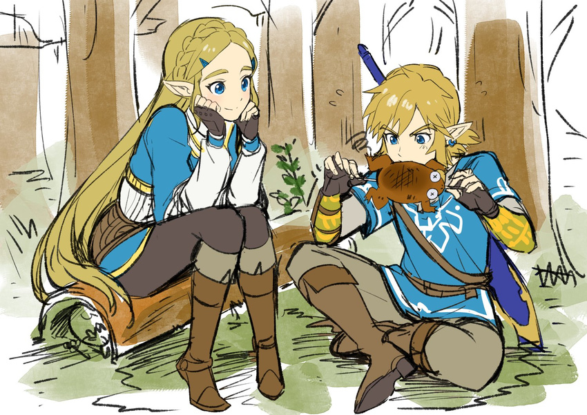 1girl black_pants blonde_hair blue_eyes blush boots braid brown_footwear commentary earrings eating eyebrows fingerless_gloves forest french_braid frog gloves grass jewelry knee_boots link long_hair nature pants pointy_ears princess_zelda shimo_(s_kaminaka) sitting smile sword the_legend_of_zelda the_legend_of_zelda:_breath_of_the_wild tree vambraces very_long_hair weapon x_x
