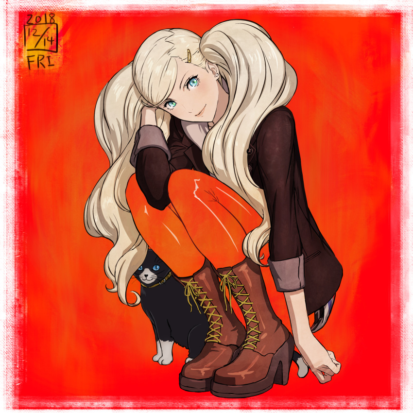 1girl big_hair blonde_hair blue_eyes boots brown_footwear brown_jacket cat character_request closed_mouth dated full_body hair_ornament hairclip head_tilt high_heel_boots high_heels highres ikeda_(cpt) jacket long_hair long_sleeves looking_at_viewer pantyhose persona persona_5 red_background red_legwear smile solo squatting takamaki_anne twintails